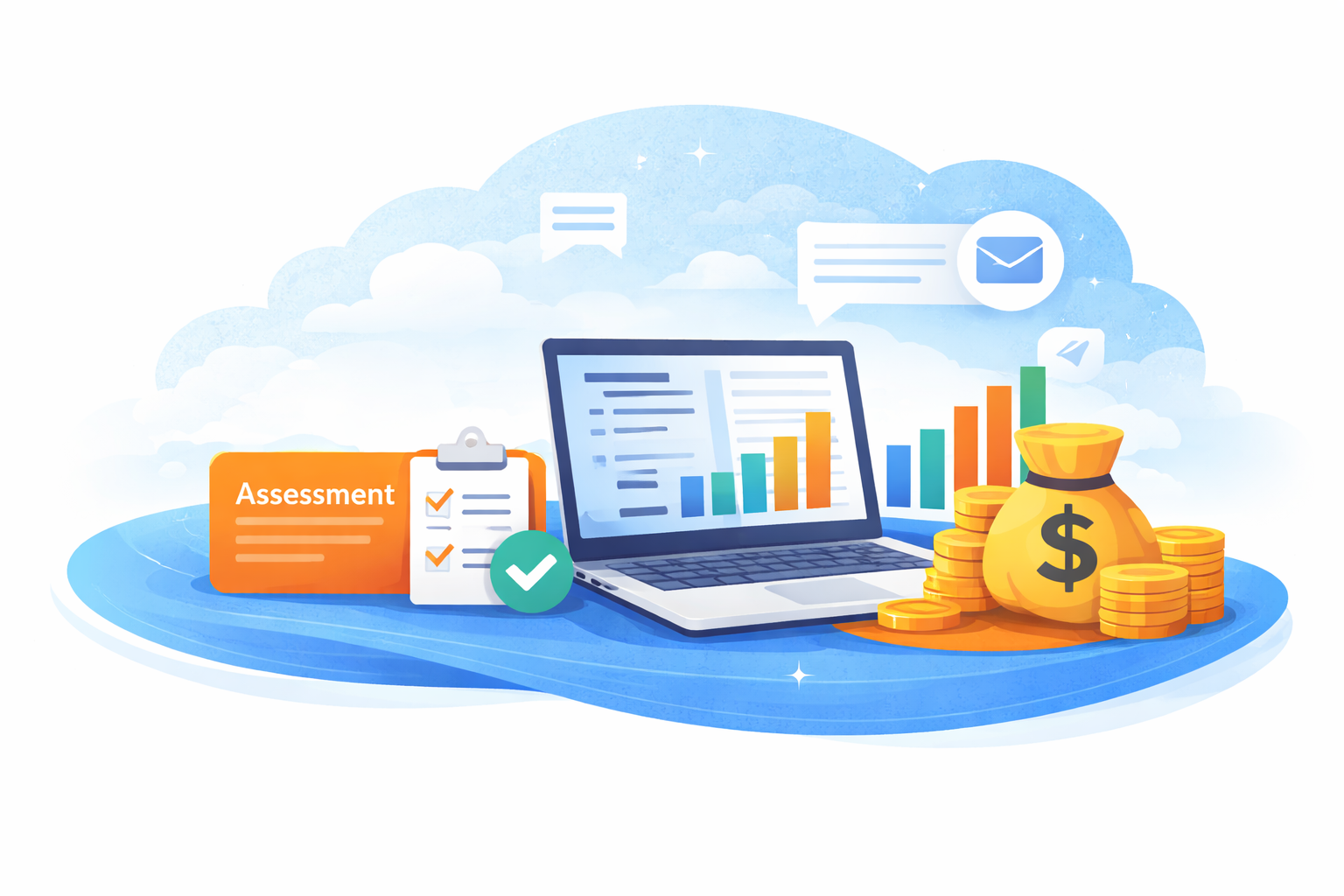 Access24 illustration showing laptop, charts, assessment and fees graphics